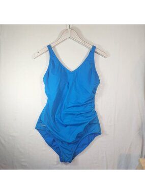 Speedo Womens Blue Ruched V-Neck One‎ Piece Swimsuit Size 14 Athletic Swimwear
